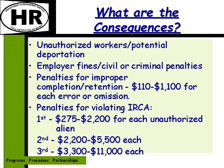 What are the Consequences? • Unauthorized workers/potential deportation • Employer fines/civil or criminal penalties