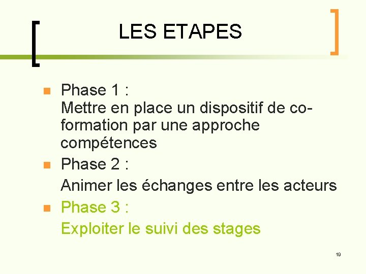 LES ETAPES n n n Phase 1 : Mettre en place un dispositif de