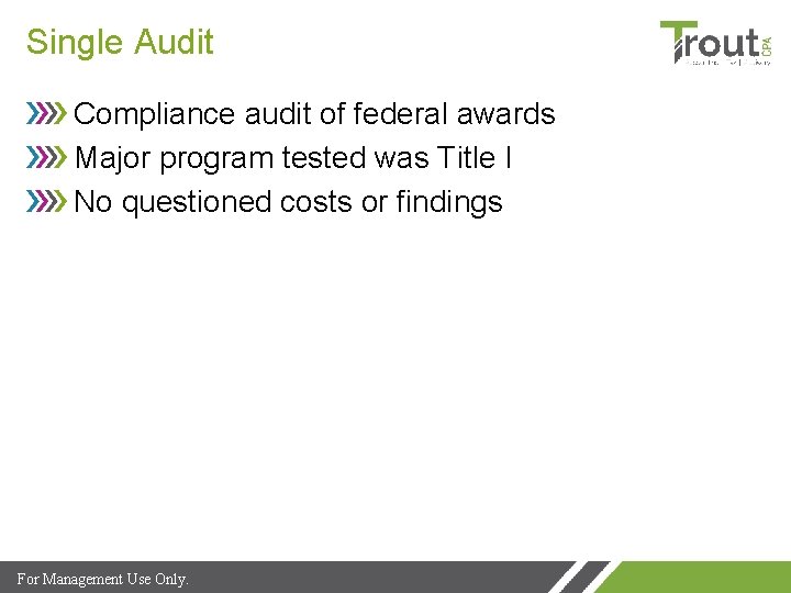 Single Audit Compliance audit of federal awards Major program tested was Title I No