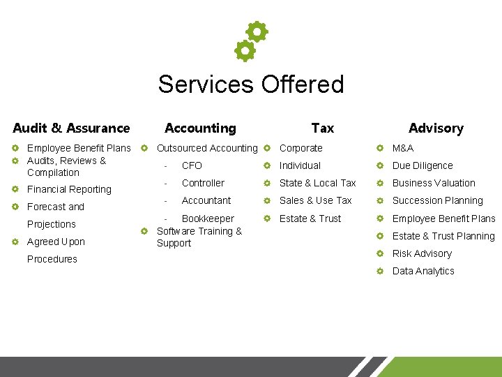 Services Offered Audit & Assurance Employee Benefit Plans Audits, Reviews & Compilation Accounting Outsourced