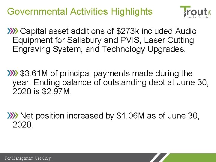 Governmental Activities Highlights Capital asset additions of $273 k included Audio Equipment for Salisbury