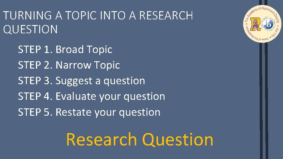 TURNING A TOPIC INTO A RESEARCH QUESTION STEP 1. Broad Topic STEP 2. Narrow