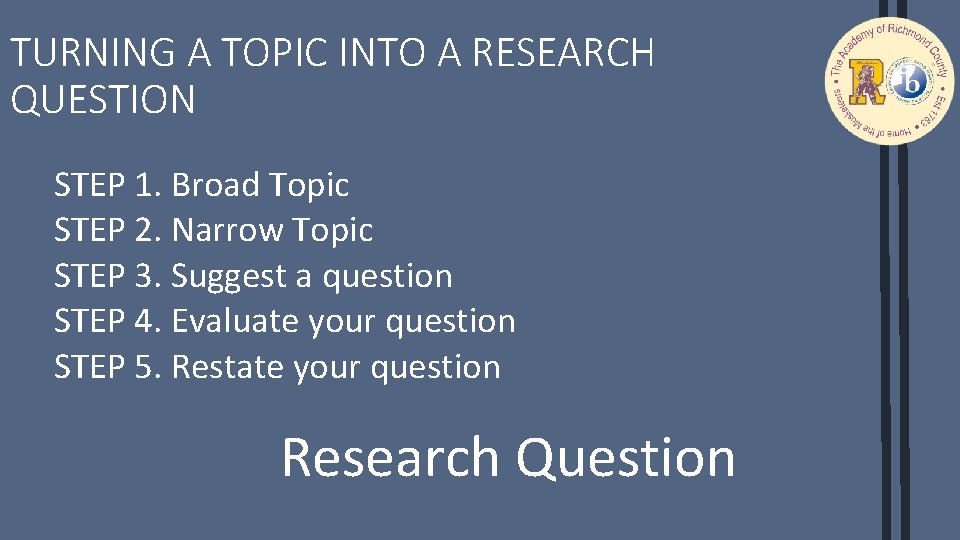 TURNING A TOPIC INTO A RESEARCH QUESTION STEP 1. Broad Topic STEP 2. Narrow