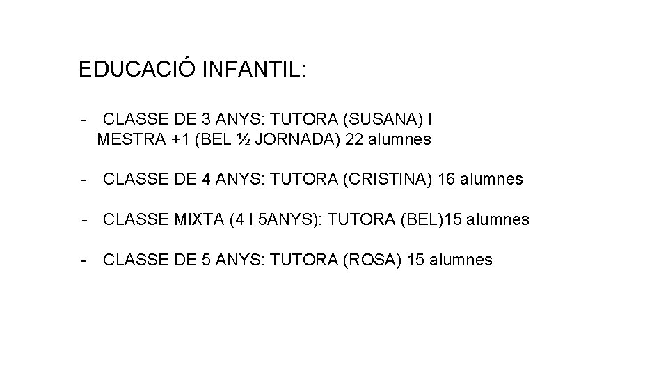 EDUCACIÓ INFANTIL: - CLASSE DE 3 ANYS: TUTORA (SUSANA) I MESTRA +1 (BEL ½