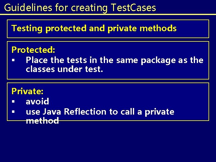 Guidelines for creating Test. Cases Testing protected and private methods Protected: § Place the Guidelines for creating Test. Cases Testing protected and private methods Protected: § Place the