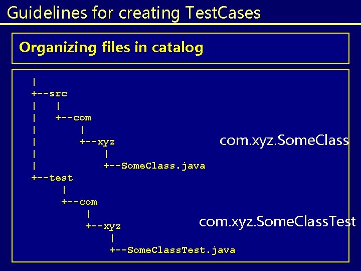 Guidelines for creating Test. Cases Organizing files in catalog | +--src | | | Guidelines for creating Test. Cases Organizing files in catalog | +--src | | |