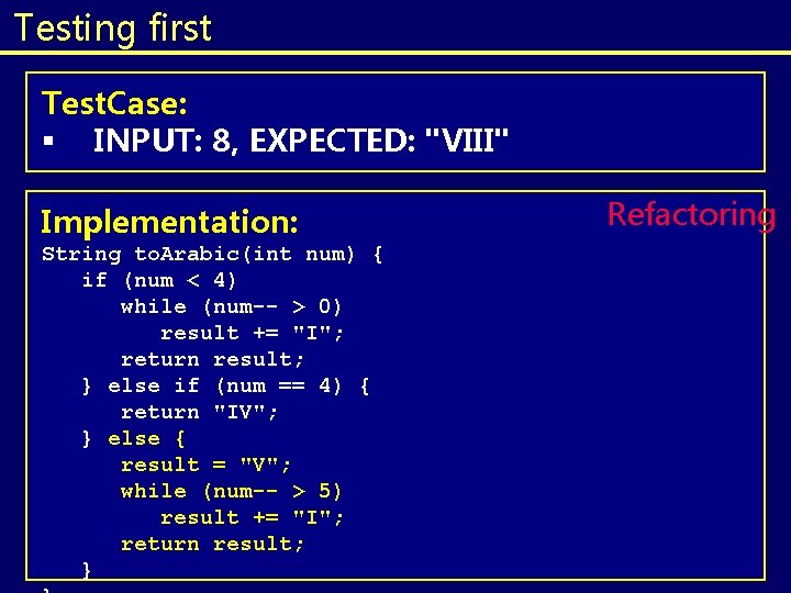 Testing first Test. Case: § INPUT: 8, EXPECTED: "VIII" Implementation: String to. Arabic(int num) Testing first Test. Case: § INPUT: 8, EXPECTED: "VIII" Implementation: String to. Arabic(int num)