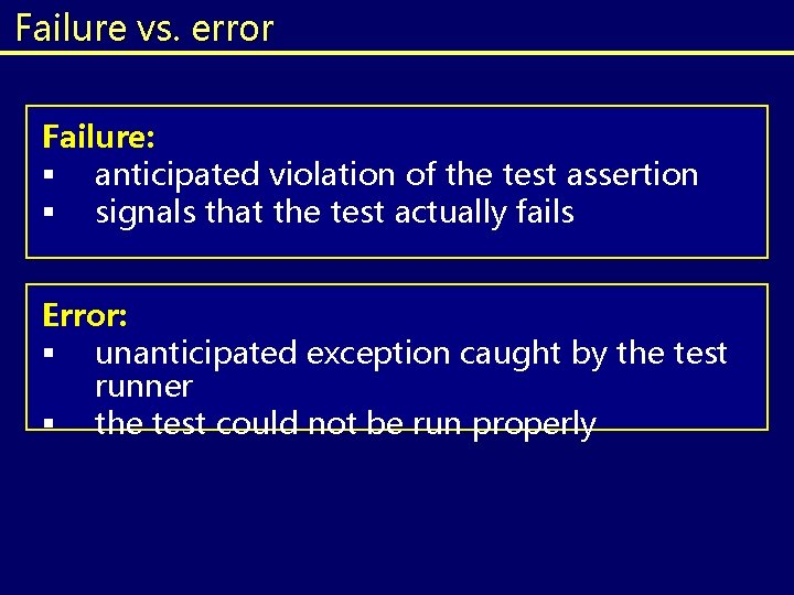Failure vs. error Failure: § anticipated violation of the test assertion § signals that Failure vs. error Failure: § anticipated violation of the test assertion § signals that