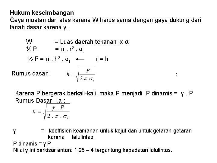 Hukum keseimbangan Gaya muatan dari atas karena W harus sama dengan gaya dukung dari