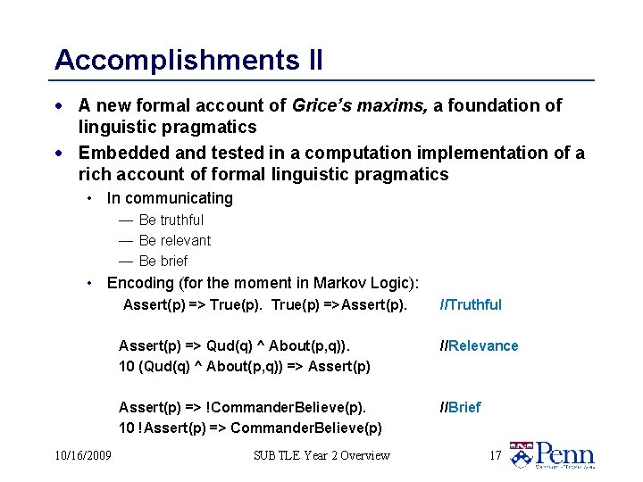 Accomplishments II · A new formal account of Grice’s maxims, a foundation of linguistic