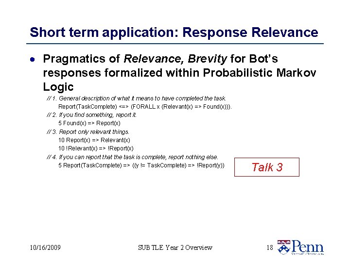 Short term application: Response Relevance · Pragmatics of Relevance, Brevity for Bot’s responses formalized