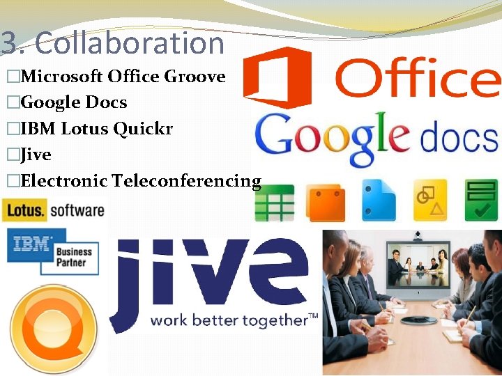 3. Collaboration �Microsoft Office Groove �Google Docs �IBM Lotus Quickr �Jive �Electronic Teleconferencing 