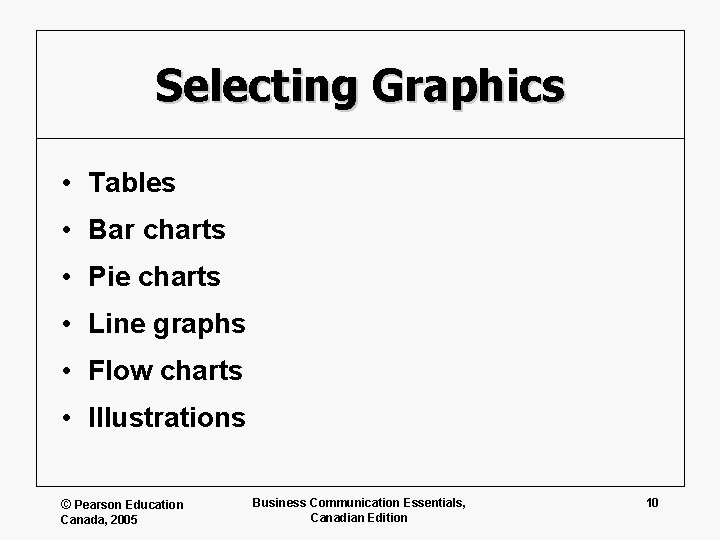 Selecting Graphics • Tables • Bar charts • Pie charts • Line graphs •