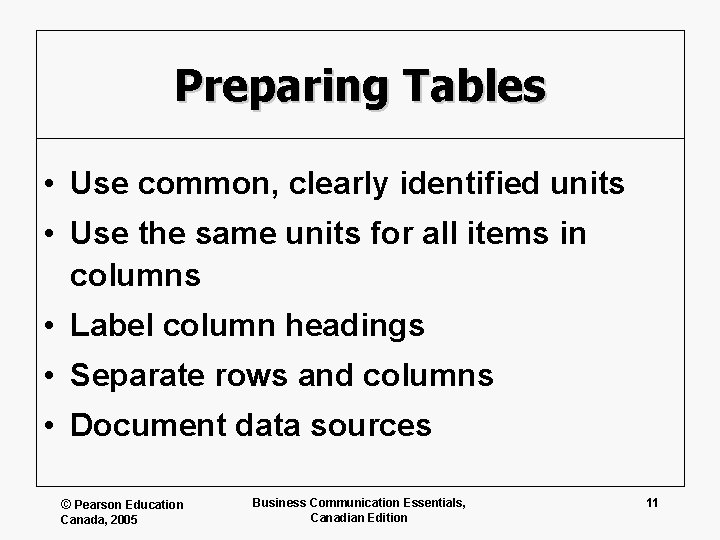 Preparing Tables • Use common, clearly identified units • Use the same units for