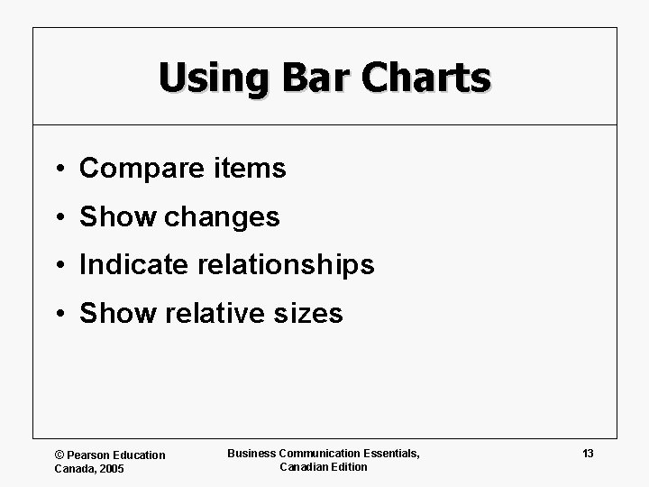 Using Bar Charts • Compare items • Show changes • Indicate relationships • Show