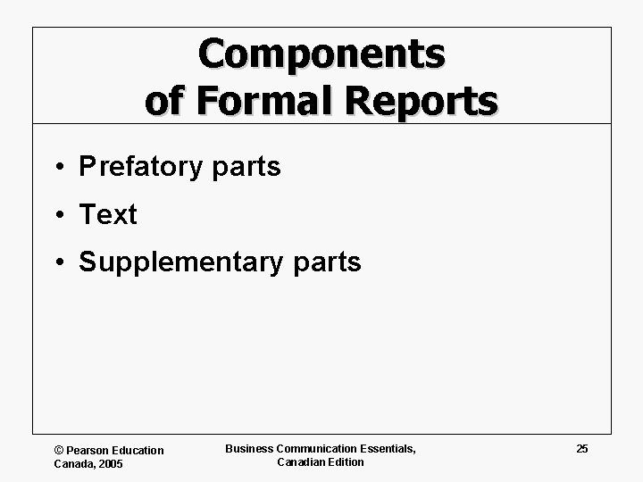 Components of Formal Reports • Prefatory parts • Text • Supplementary parts © Pearson