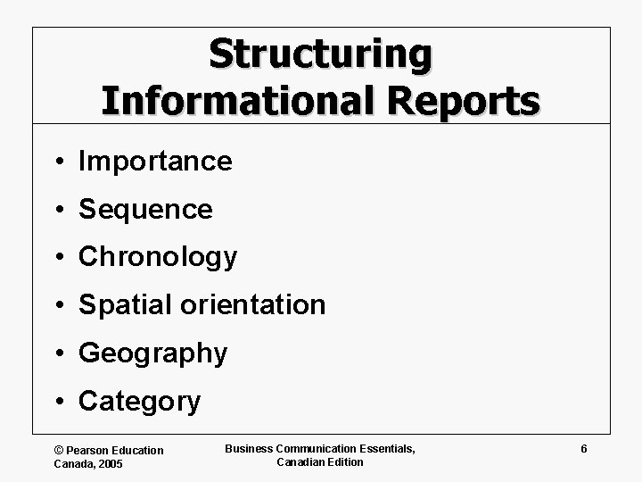 Structuring Informational Reports • Importance • Sequence • Chronology • Spatial orientation • Geography