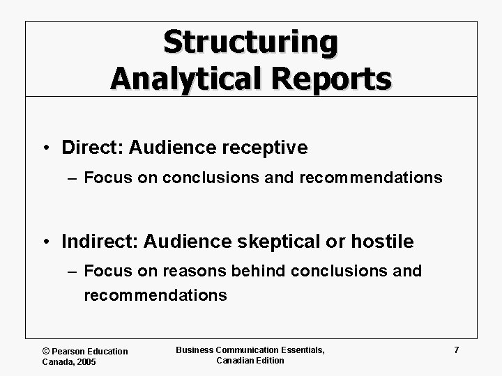 Structuring Analytical Reports • Direct: Audience receptive – Focus on conclusions and recommendations •