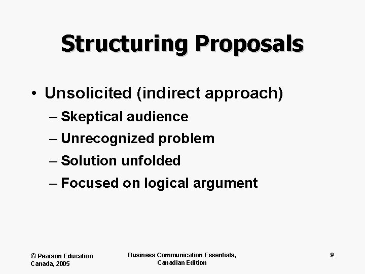 Structuring Proposals • Unsolicited (indirect approach) – Skeptical audience – Unrecognized problem – Solution