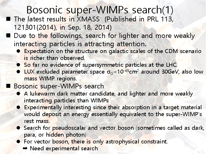 Bosonic super-WIMPs search(1) n The latest results in XMASS (Published in PRL 113, 121301(2014),