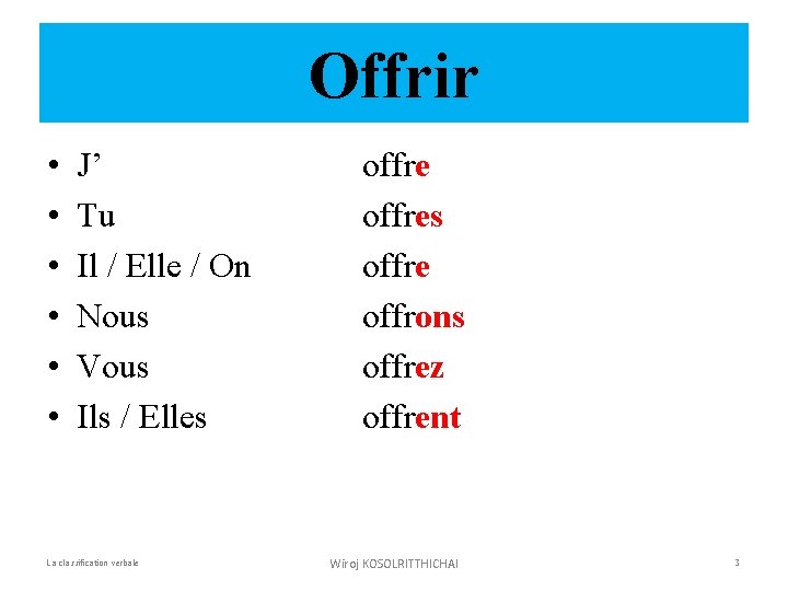 Offrir • • • J’ Tu Il / Elle / On Nous Vous Ils