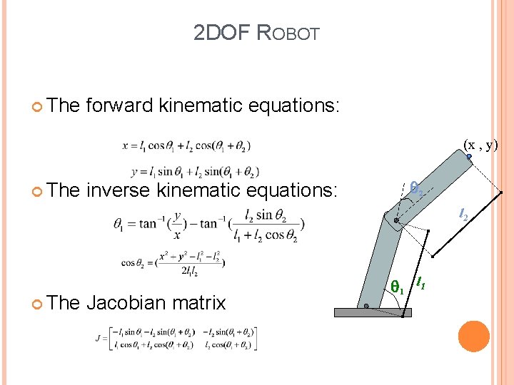 2 DOF ROBOT The forward kinematic equations: (x , y) The inverse kinematic equations:
