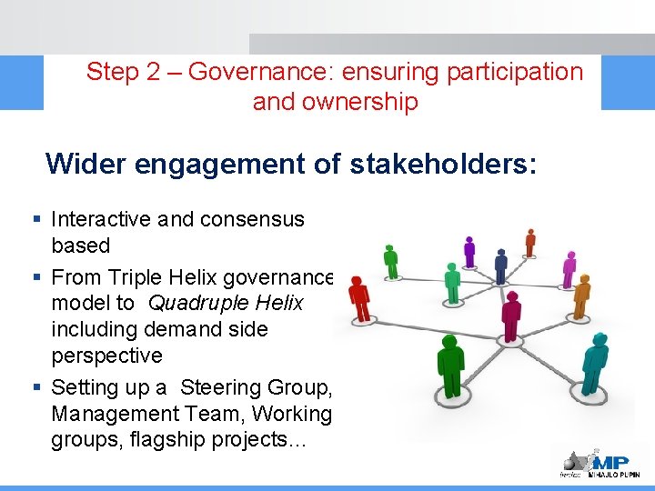 Step 2 – Governance: ensuring participation and ownership Wider engagement of stakeholders: § Interactive