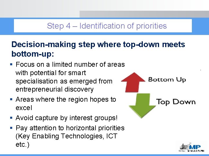 Step 4 – Identification of priorities Decision-making step where top-down meets bottom-up: § Focus