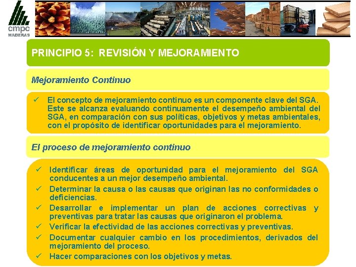 PRINCIPIO 5: REVISIÓN Y MEJORAMIENTO Mejoramiento Continuo ü El concepto de mejoramiento continuo es