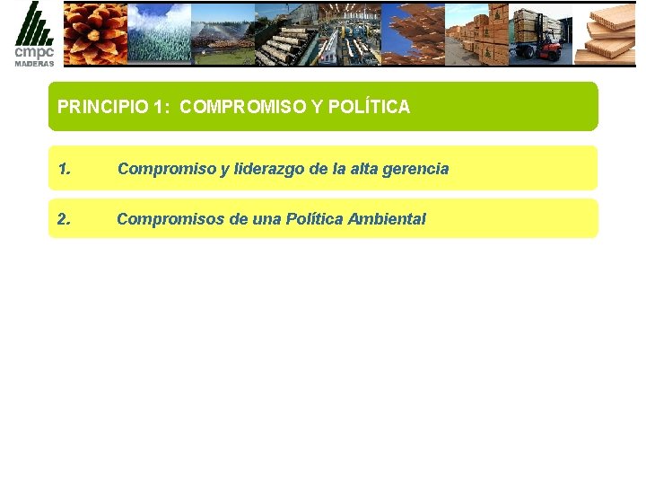 PRINCIPIO 1: COMPROMISO Y POLÍTICA 1. Compromiso y liderazgo de la alta gerencia 2.