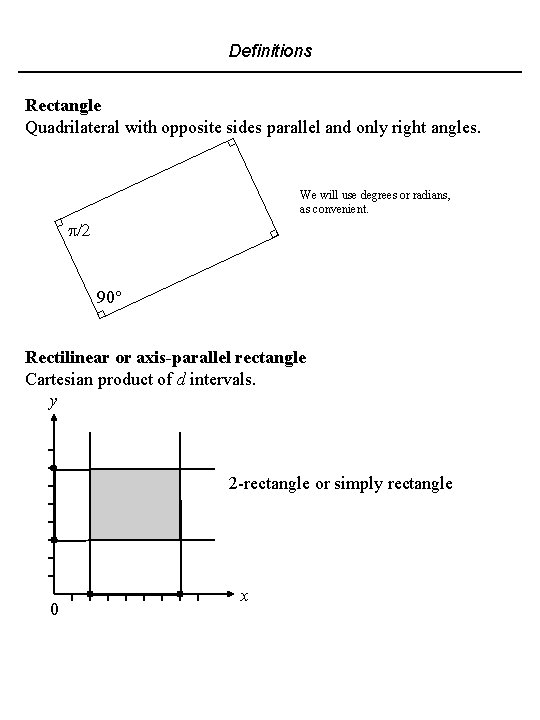 Definitions Rectangle Quadrilateral with opposite sides parallel and only right angles. We will use