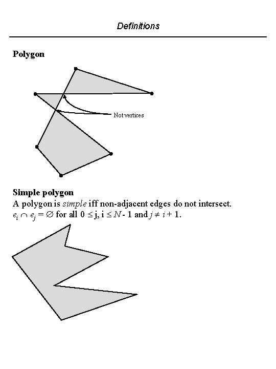 Definitions Polygon Not vertices Simple polygon A polygon is simple iff non-adjacent edges do