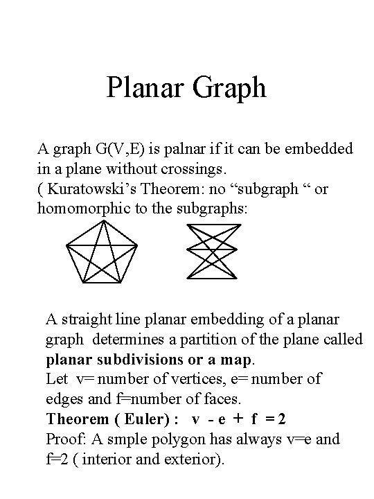 Planar Graph A graph G(V, E) is palnar if it can be embedded in