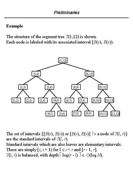 Preliminaries Example The structure of the segment tree T(1, 12) is shown. Each node