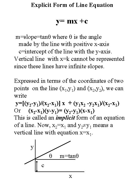 Explicit Form of Line Equation y= mx +c m=slope=tan where is the angle made