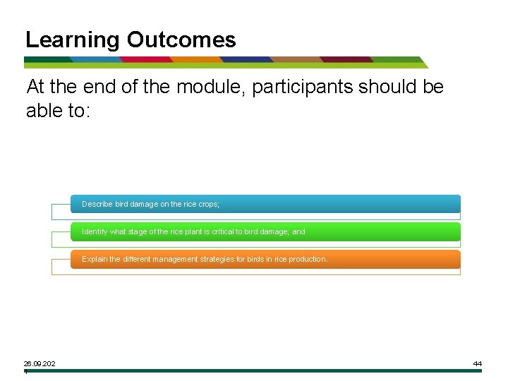 Learning Outcomes At the end of the module, participants should be able to: Describe