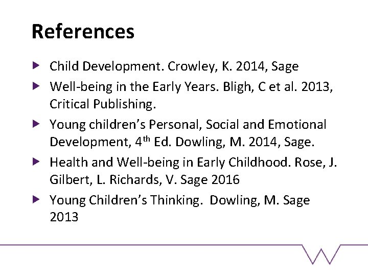 References Child Development. Crowley, K. 2014, Sage Well-being in the Early Years. Bligh, C