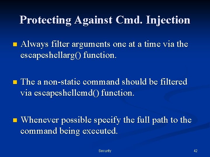 Protecting Against Cmd. Injection n Always filter arguments one at a time via the