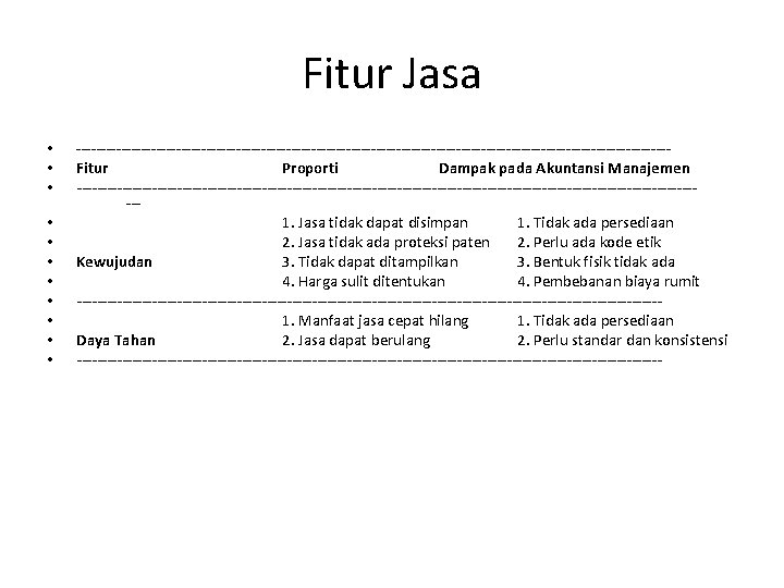 Fitur Jasa • • • -----------------------------------------------------------Fitur Proporti Dampak pada Akuntansi Manajemen ---------------------------------------------------------------1. Jasa tidak