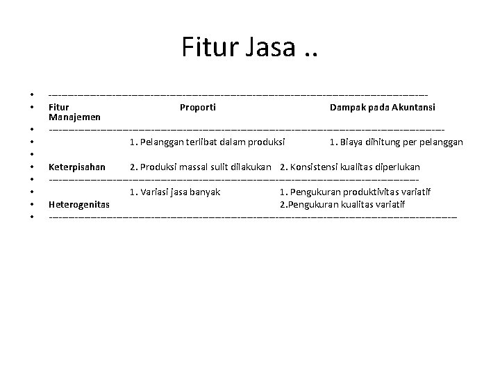 Fitur Jasa. . • • • -----------------------------------------------------------Fitur Proporti Dampak pada Akuntansi Manajemen --------------------------------------------------------------1. Pelanggan