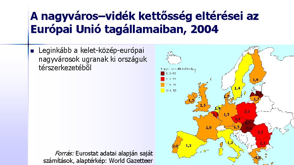 A nagyváros–vidék kettősség eltérései az Európai Unió tagállamaiban, 2004 n Leginkább a kelet-közép-európai nagyvárosok