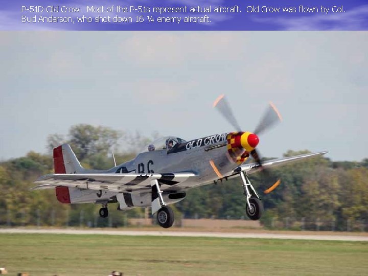 P-51 D Old Crow. Most of the P-51 s represent actual aircraft. Old Crow