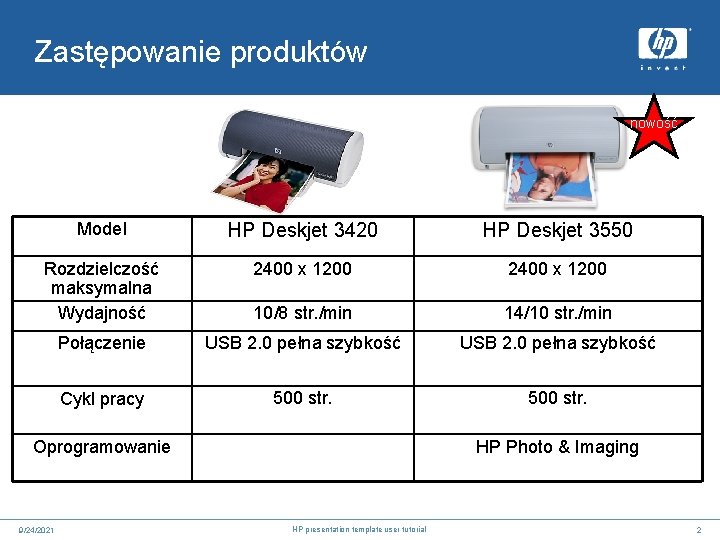 Zastępowanie produktów nowość Model HP Deskjet 3420 HP Deskjet 3550 Rozdzielczość maksymalna Wydajność 2400