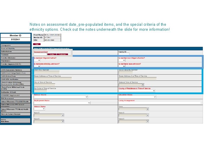 Notes on assessment date, pre-populated items, and the special criteria of the ethnicity options.