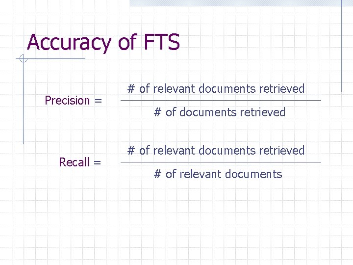 Accuracy of FTS Precision = Recall = # of relevant documents retrieved # of