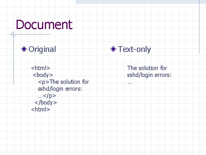 Document Original <html> <body> <p>The solution for sshd/login errors: …</p> </body> <html> Text-only The