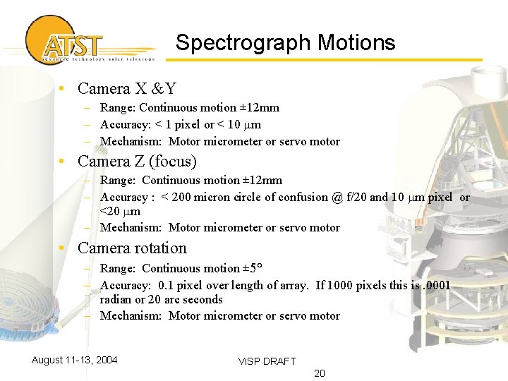 Spectrograph Motions • Camera X &Y – Range: Continuous motion ± 12 mm –