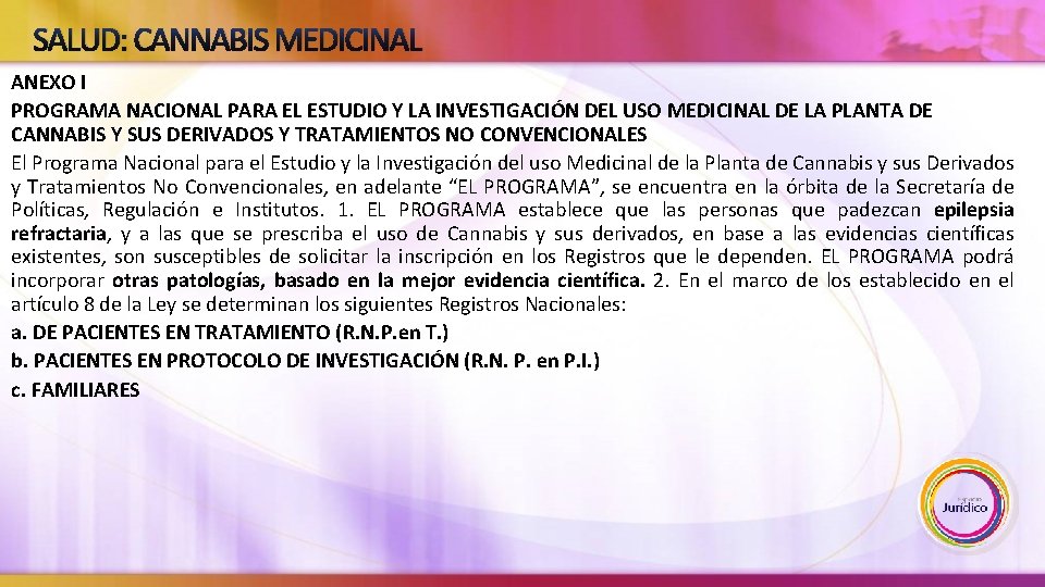 SALUD: CANNABIS MEDICINAL ANEXO I PROGRAMA NACIONAL PARA EL ESTUDIO Y LA INVESTIGACIÓN DEL