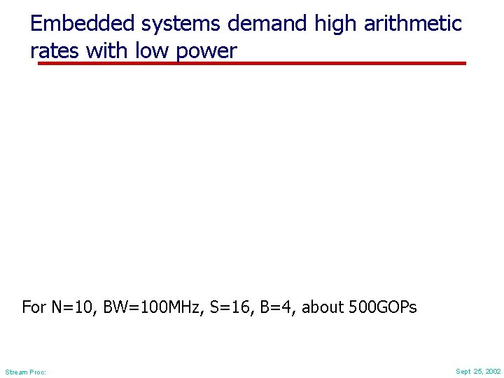 Embedded systems demand high arithmetic rates with low power For N=10, BW=100 MHz, S=16,