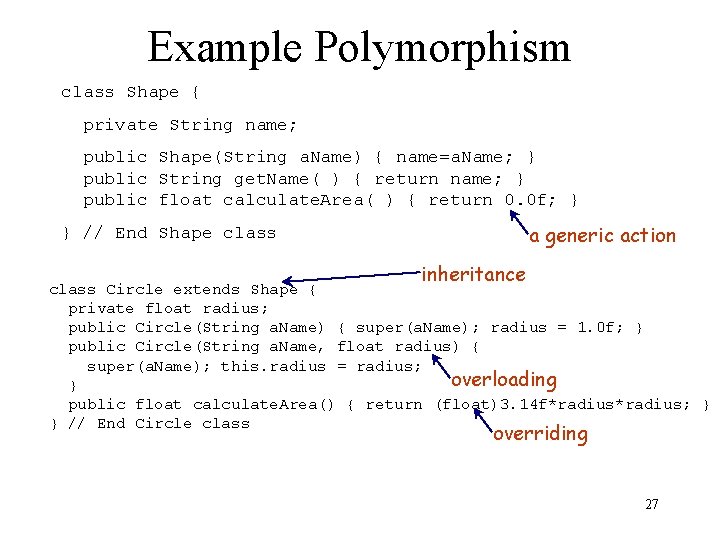 Example Polymorphism class Shape { private String name; public Shape(String a. Name) { name=a.